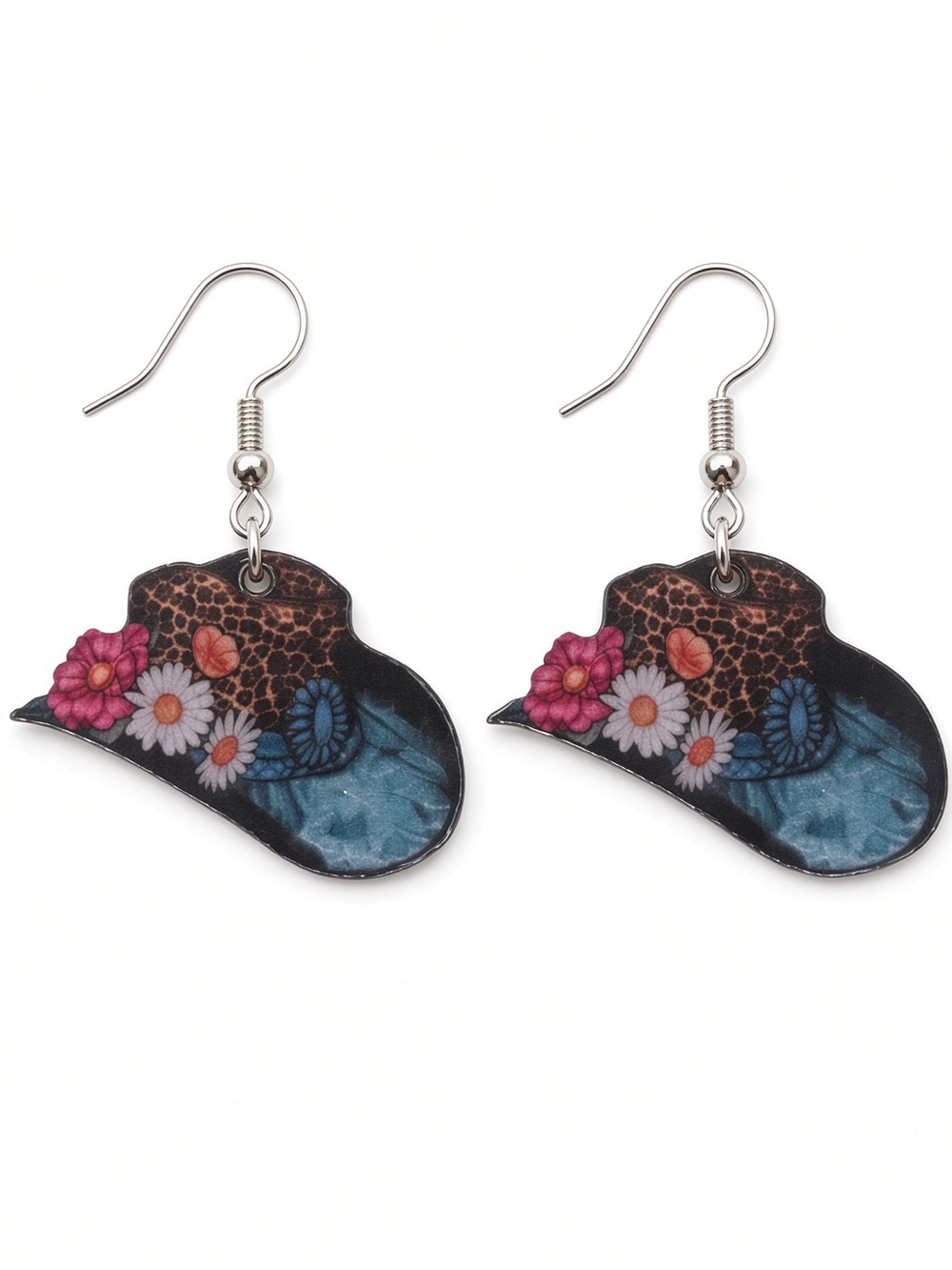 Cowgirl leopard print hat silver dangle earrings